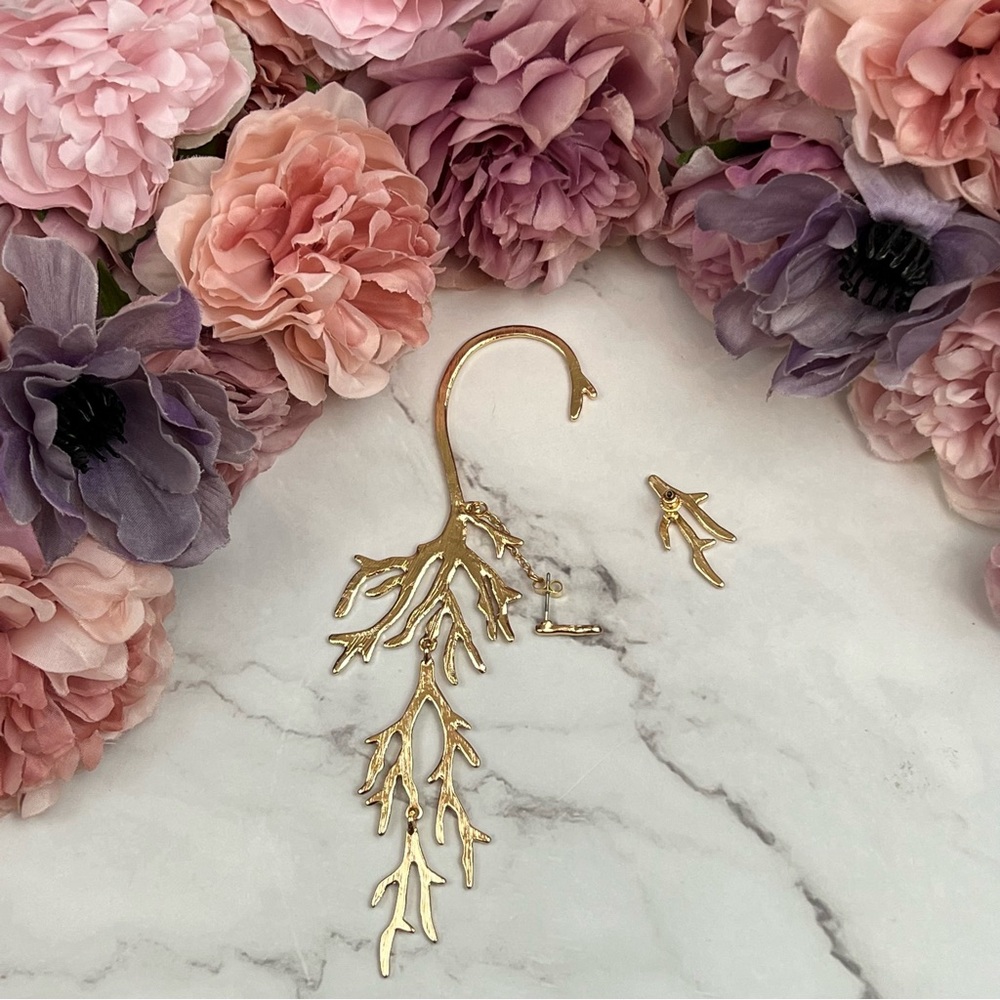 Boho Punk Asymmetric Long Dangling Gold Branch Cuff Earring - Picture 11 of 14
